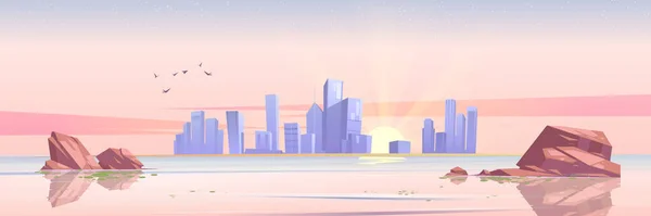Zee landschap met stad op skyline bij zonsopgang — Stockvector
