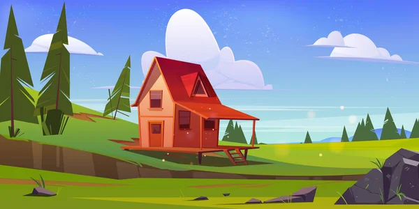Casa pequena de madeira na colina com grama verde — Vetor de Stock