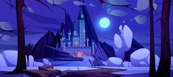 Дорога к волшебному замку ночью, сказочный дворец — стоковый вектор