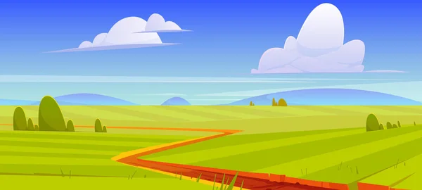 Cartoon nature landscape, dirt road go along field — Stock Vector