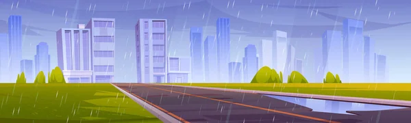 Camino, ciudad con edificios y césped verde bajo la lluvia — Vector de stock