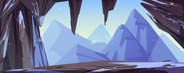 Cueva o arco de piedra con nieve y vistas a las montañas — Vector de stock