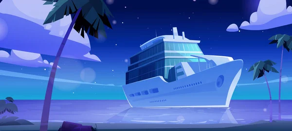 Playa tropical y crucero en el mar por la noche — Vector de stock