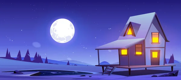 Casa na colina com neve e lagoa congelada à noite — Vetor de Stock