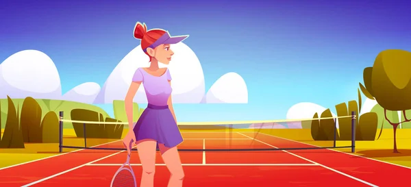 Joven jugadora de tenis usa uniforme con raqueta — Vector de stock