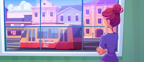 Girl looking at window at tram on city street — Stock Vector