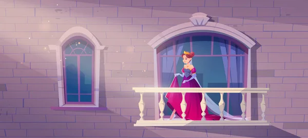Princesa en vestido rosa en balcón palacio — Vector de stock