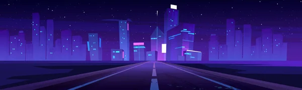 Camino a la ciudad nocturna, autopista vacía y horizonte resplandeciente — Vector de stock