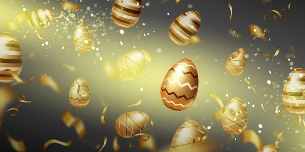 Szczęśliwa kartka wielkanocna ze złotymi jajkami i wstążkami — Wektor stockowy