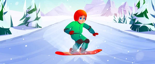 Chłopiec jeździ na snowboardzie na zjeździe w górach — Wektor stockowy