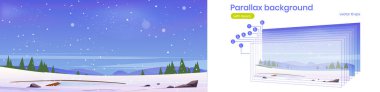 Parallax background with winter snowy landscape clipart