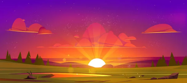 Cartoon Naturlandschaft schöner Sonnenuntergang auf dem Feld — Stockvektor