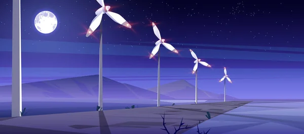 夜间配备风力涡轮机的能源农场 — 图库矢量图片