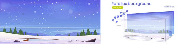 Parallax achtergrond met winter besneeuwd landschap — Stockvector