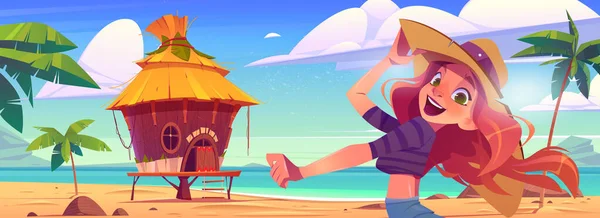 Chica feliz en la playa de mar con bungalow — Vector de stock