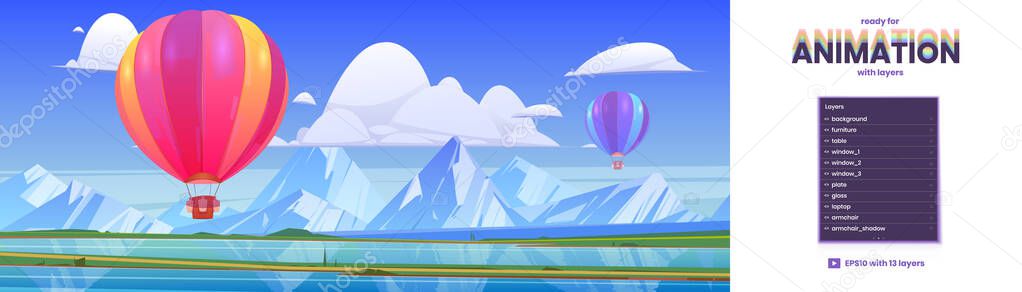 Parallax background with flying hot air balloons