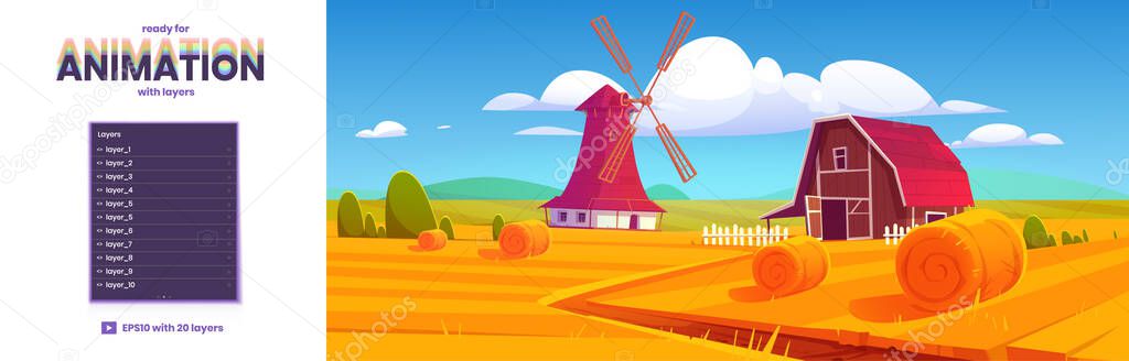 Parallax background with fields, barn and windmill
