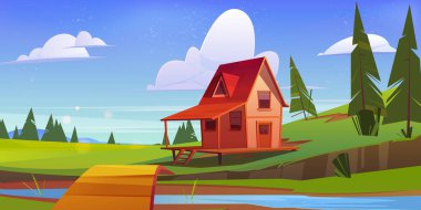 Mavi nehir kıyısındaki yeşil tarlada ahşap kulübe