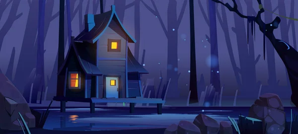 Casa de madeira stilt na floresta profunda à noite — Vetor de Stock