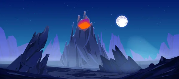 Ночной пейзажный вулкан с красной светящейся магмой — стоковый вектор