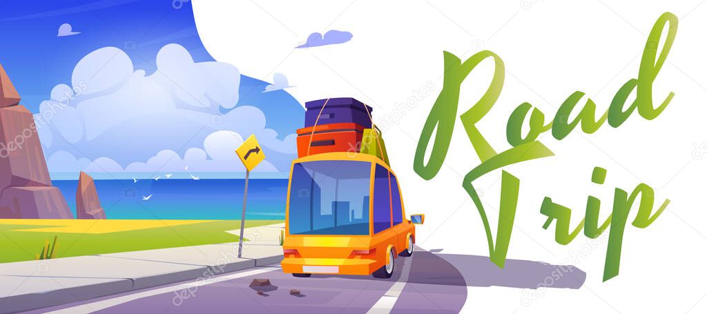Road trip poster with car on road to sea beach