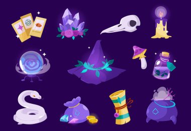 Cadı şapkası, sihirli kristal, iksir, tarot kartları.