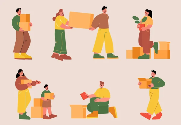 Personas con cajas de reubicación familiar en casa nueva — Vector de stock