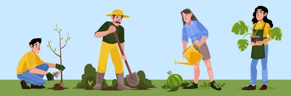 Οι άνθρωποι εργάζονται στον κήπο, τα φυτά και το πότισμα — Διανυσματικό Αρχείο