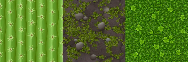 Textures de sol avec herbe, trèfle et cactus — Image vectorielle