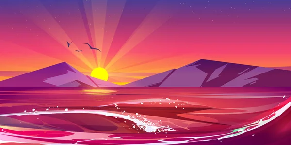 Zachód słońca w oceanie z falami rozbryzgowymi, widok na przyrodę — Wektor stockowy