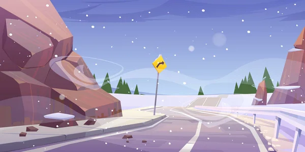 Route asphaltée de montagne d'hiver avec clôture et panneau — Image vectorielle