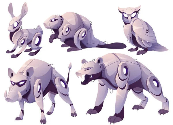 Animaux cyborgs lièvre, castor, hibou, sanglier et ours. — Image vectorielle