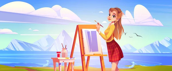 Artist girl drawing beautiful mountain landscape — Stock Vector