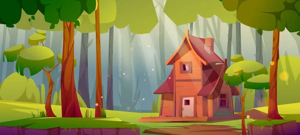Sommerwald mit Holzhaus auf Lichtung — Stockvektor