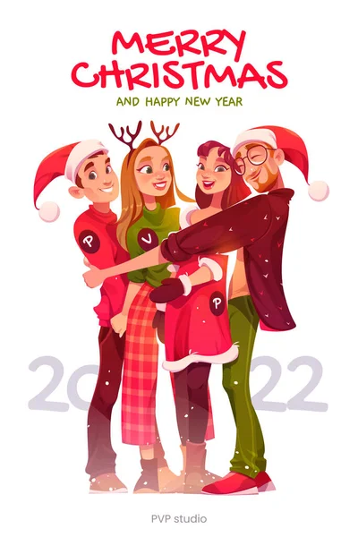 Merry Christmas Happy New Year 2022 Greeting Card Cheerful People — Stock Vector