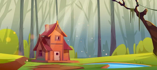 Tiefe Wälder Mit Holzhaus Und Teich Vektor Cartoon Illustration Der — Stockvektor
