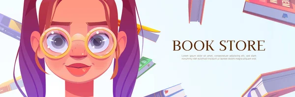 Βιβλιοπωλείο Πανό Κινουμένων Σχεδίων Νεαρή Γυναίκα Πρόσωπο Στρογγυλά Γυαλιά Και — Διανυσματικό Αρχείο