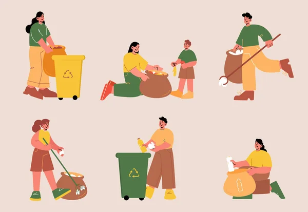 Pessoas Coletam Lixo Triagem Resíduos Conjunto Vetorial Voluntários Coletando Lixo —  Vetores de Stock