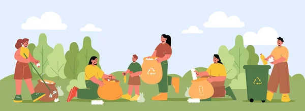 Άνθρωποι Συλλέγουν Και Διαχωρίζουν Απόβλητα Στο Πάρκο Διανυσματική Επίπεδη Απεικόνιση — Διανυσματικό Αρχείο