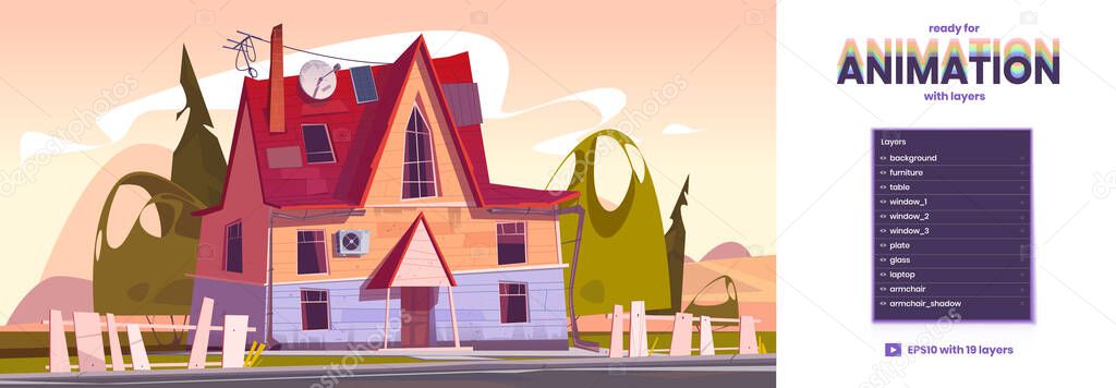 Old suburban house parallax background with 2d separated layers ready for game animation. Decrepit residential cottage with rickety fence and satellite antenna on roof, Cartoon vector illustration