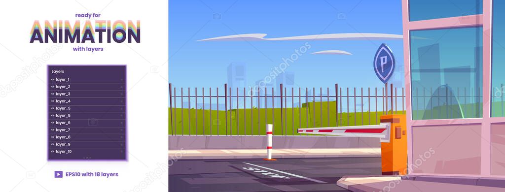 Automatic car barrier to security parking with checkpoint. Vector parallax background ready for 2d animation with cartoon illustration of automobile park entry with closed road gate