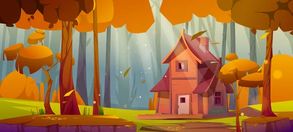 Floresta de outono com casa de madeira em clareira —  Vetores de Stock