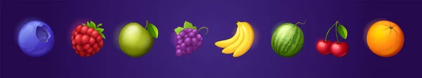 Frukt och bär ikoner, apelsin, äpple, banan — Stock vektor