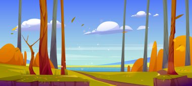 Çizgi film doğa manzarası, sonbahar ormanı arka planı
