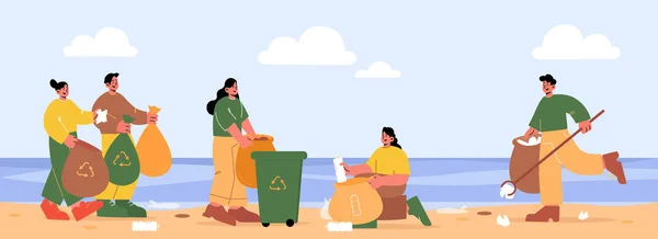 İnsanlar sahilde çöp topluyor, gönüllüler çalışıyor. — Stok Vektör