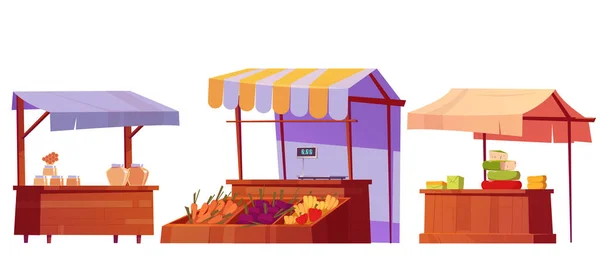 蜂蜜、野菜、チーズと食品市場の屋台 — ストックベクタ