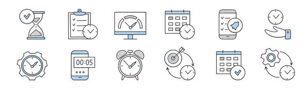 Εικονίδια σκίτσα διαχείρισης χρόνου, πινακίδες σχεδιασμού εργασιών — Διανυσματικό Αρχείο