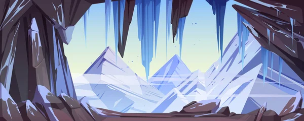 Grotte de glace avec neige et stalactites, montagnes — Image vectorielle