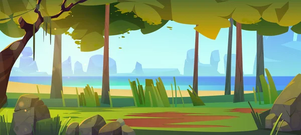 Мультфильм природный пейзаж с видом на лес и море — стоковый вектор