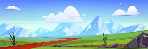 Naturaleza de dibujos animados paisaje de montaña con carretera rural — Vector de stock